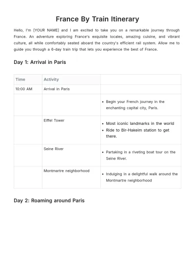 Free France By Train Itinerary Template to Edit Online