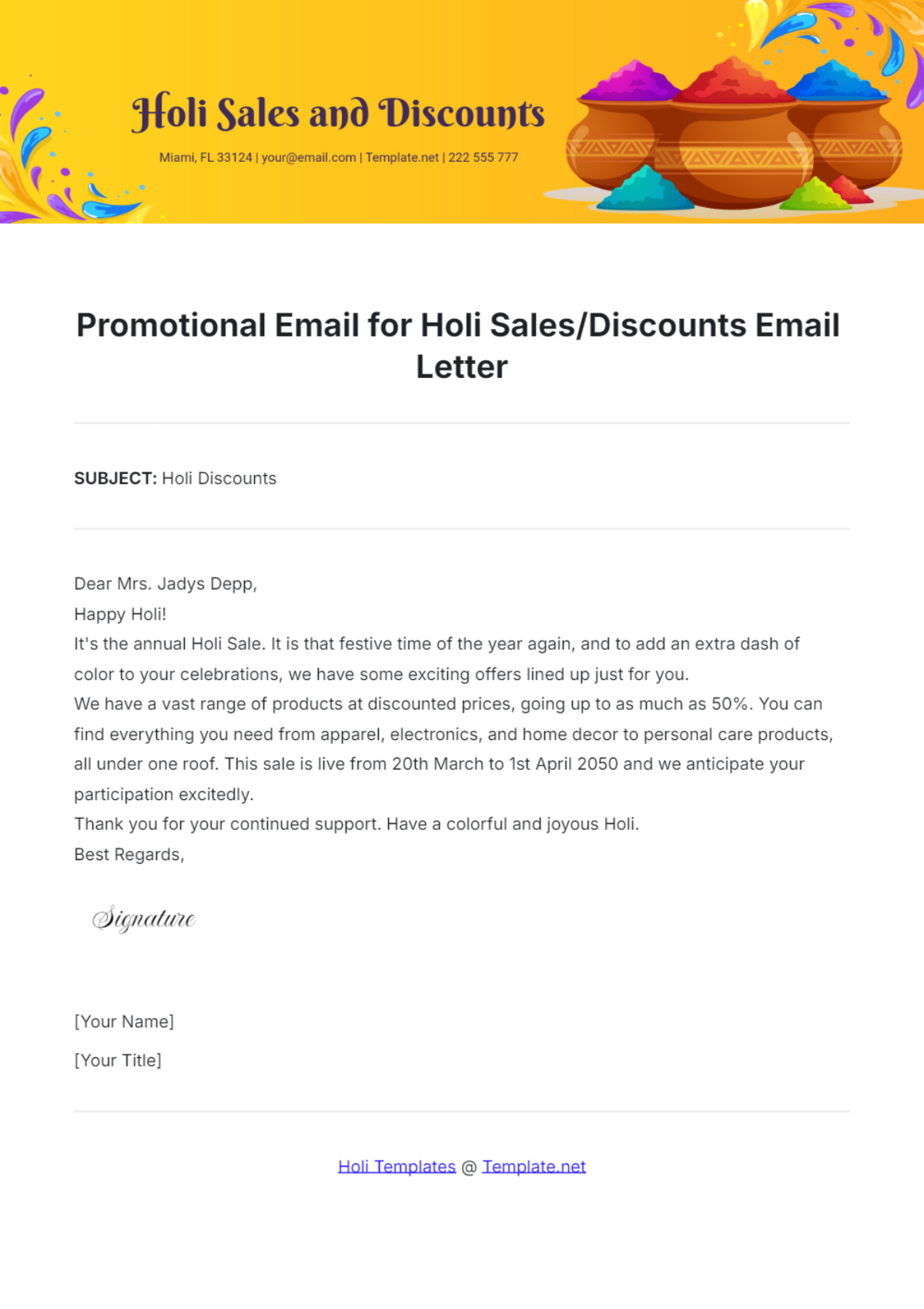 Promotional Email for Holi Sales/Discounts Email Letter Template - Edit Online & Download