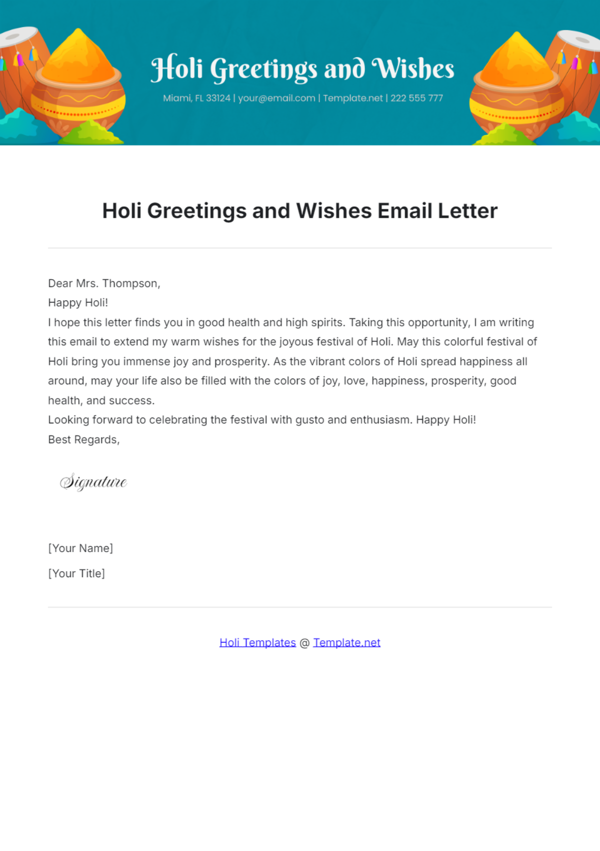 Holi Greetings and Wishes Email Letter Template - Edit Online & Download