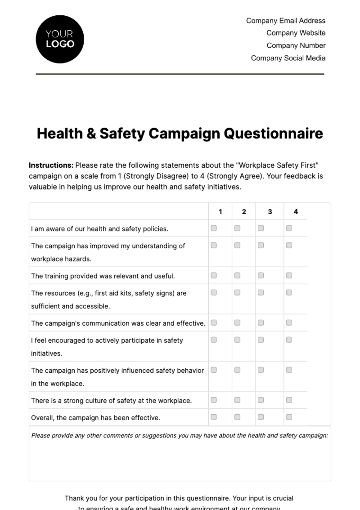 Free Health & Safety Campaign Questionnaire Template