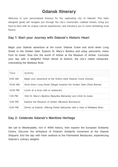 Free Gdansk Itinerary Template to Edit Online