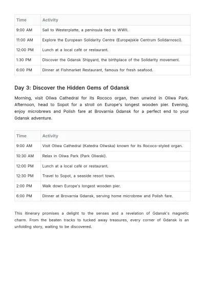 Free Gdansk Itinerary Template to Edit Online