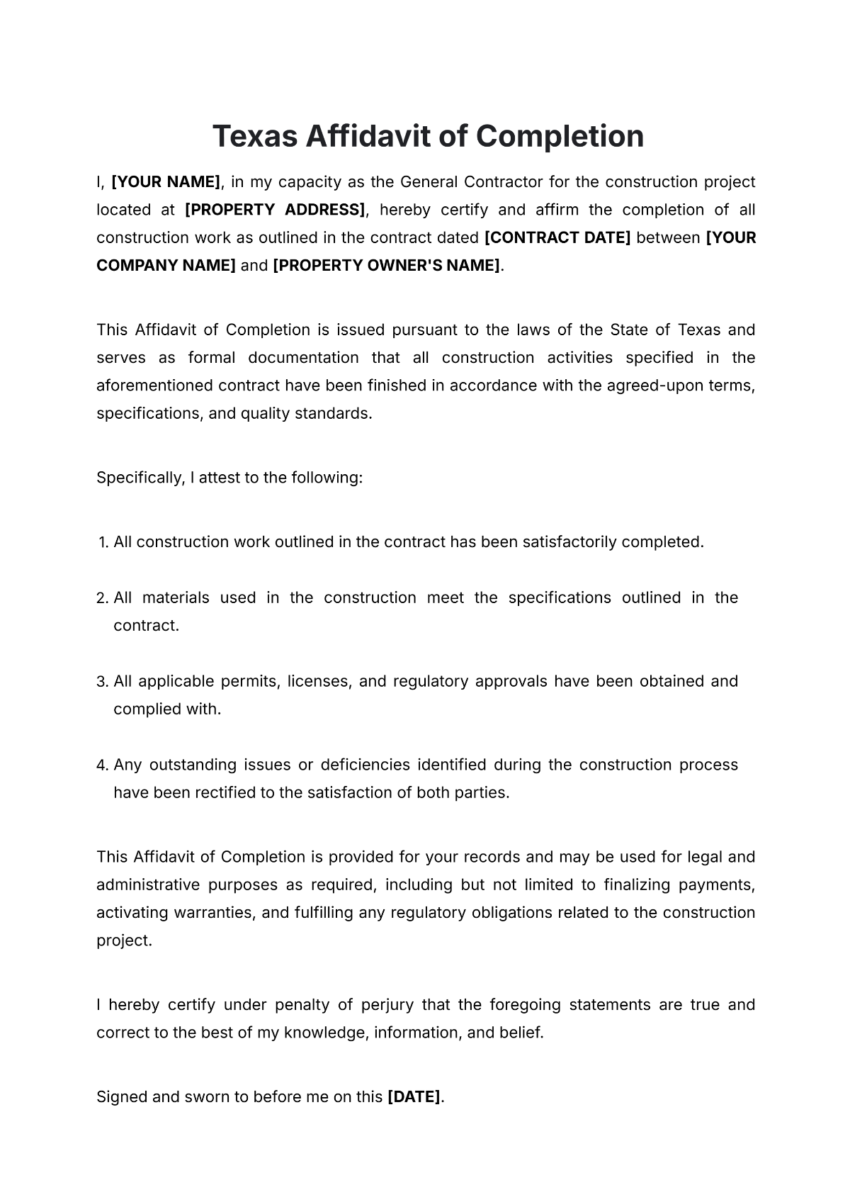 Free Texas Affidavit of Completion Template