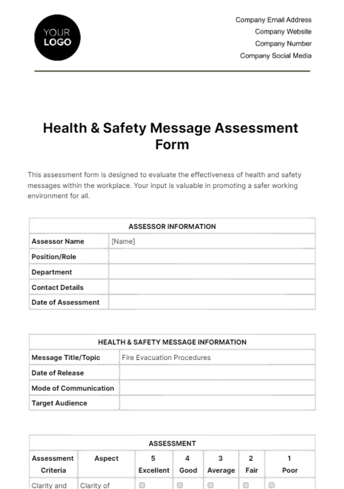 Health & Safety Message Assessment Form Template