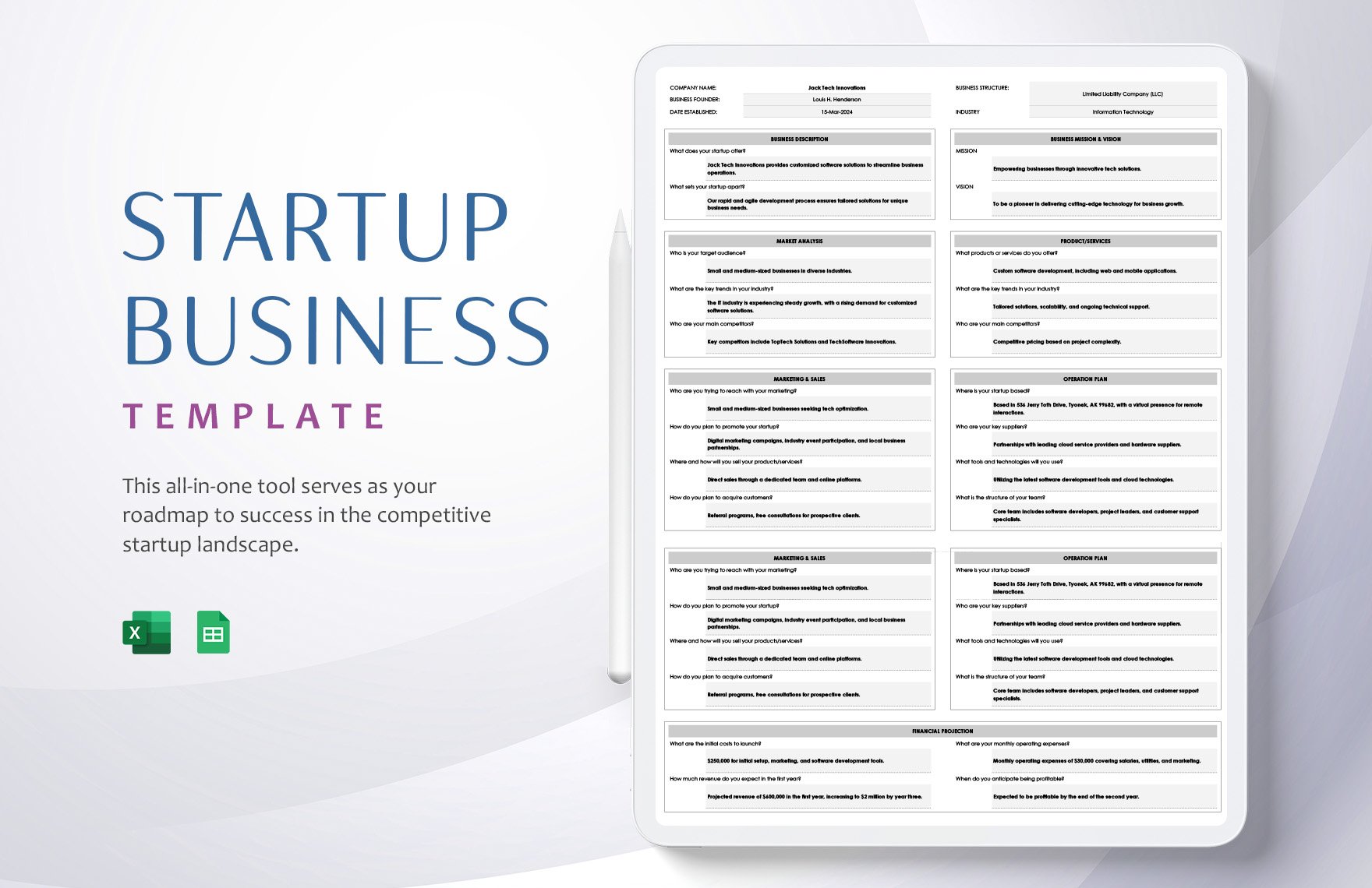 Startup Business Template in Excel, Google Sheets