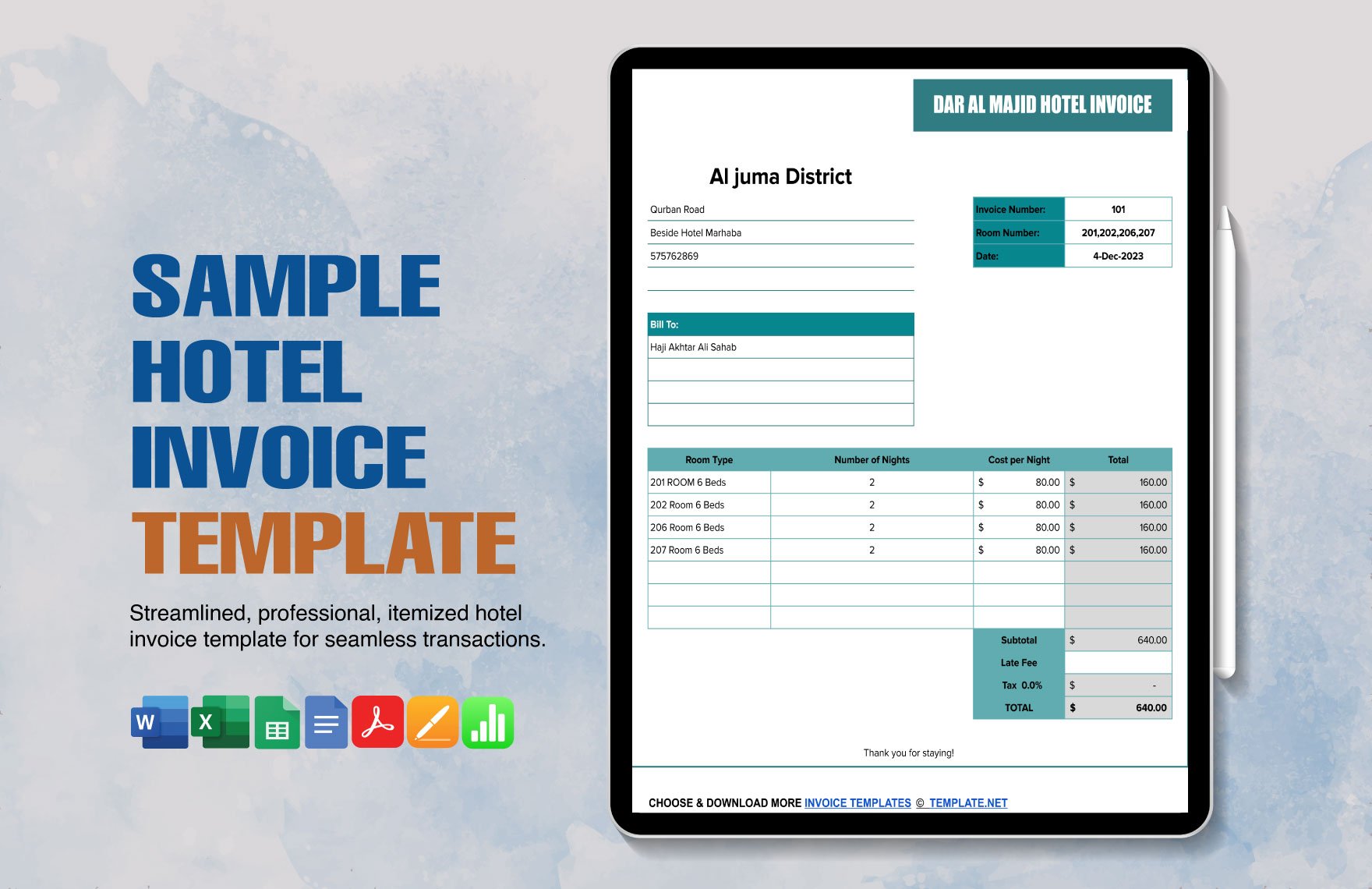 Free Sample Hotel Invoice Template in Word, Google Docs, Excel, PDF, Google Sheets, Apple Pages, Apple Numbers