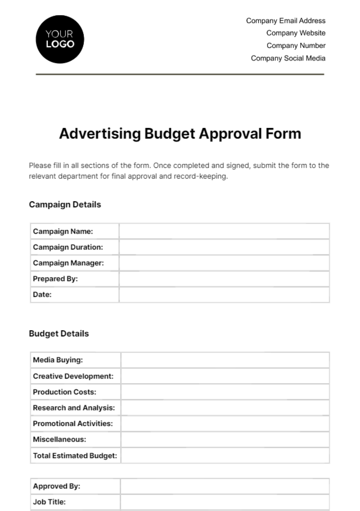 Advertising Budget Approval Form Template