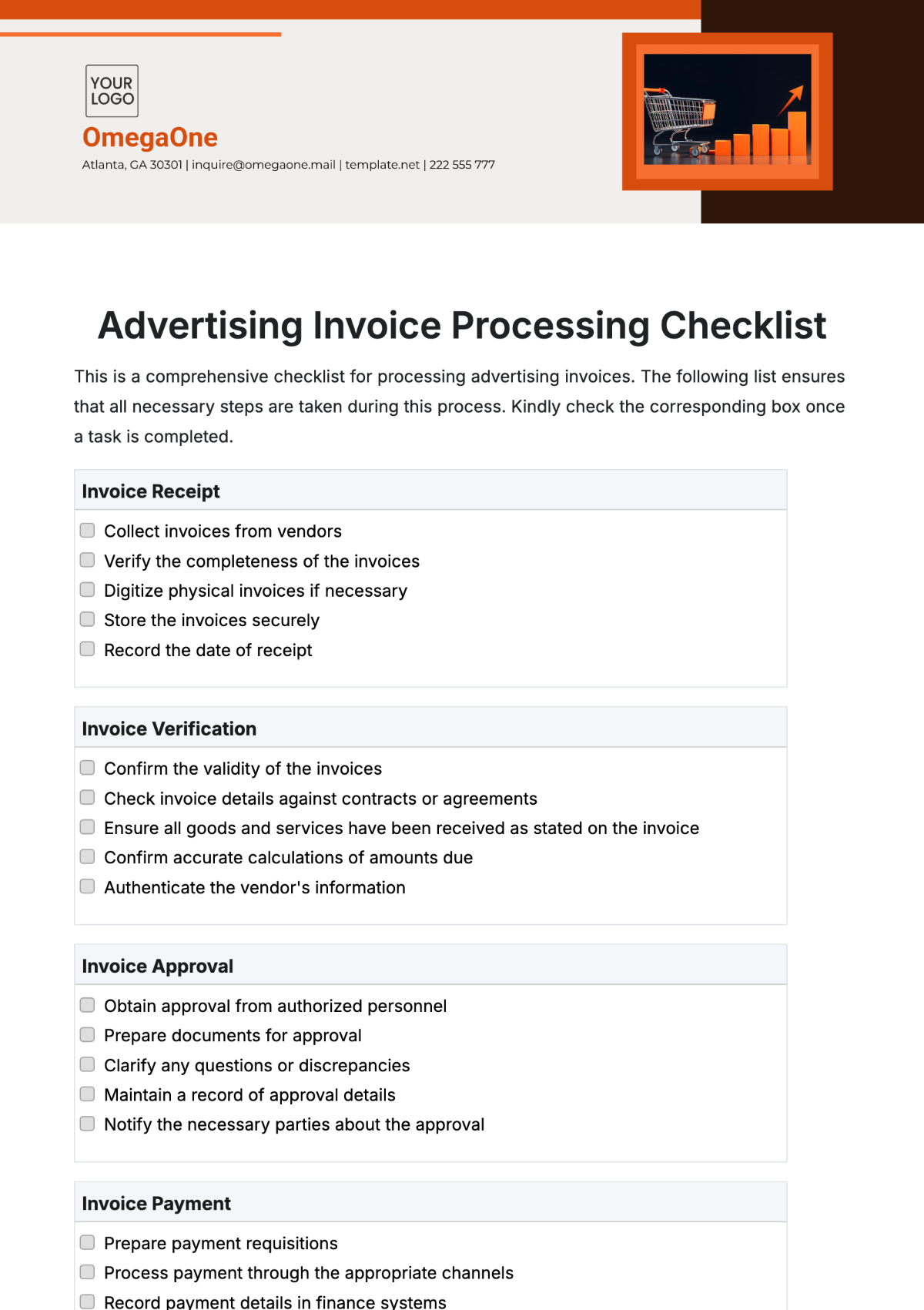 Advertising Invoice Processing Checklist Template - Edit Online & Download