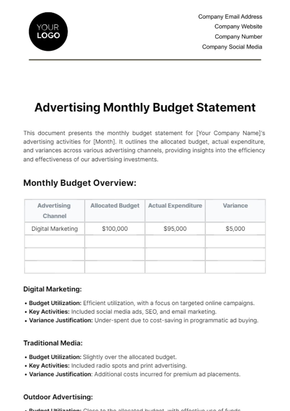 Free Advertising Monthly Budget Statement Template