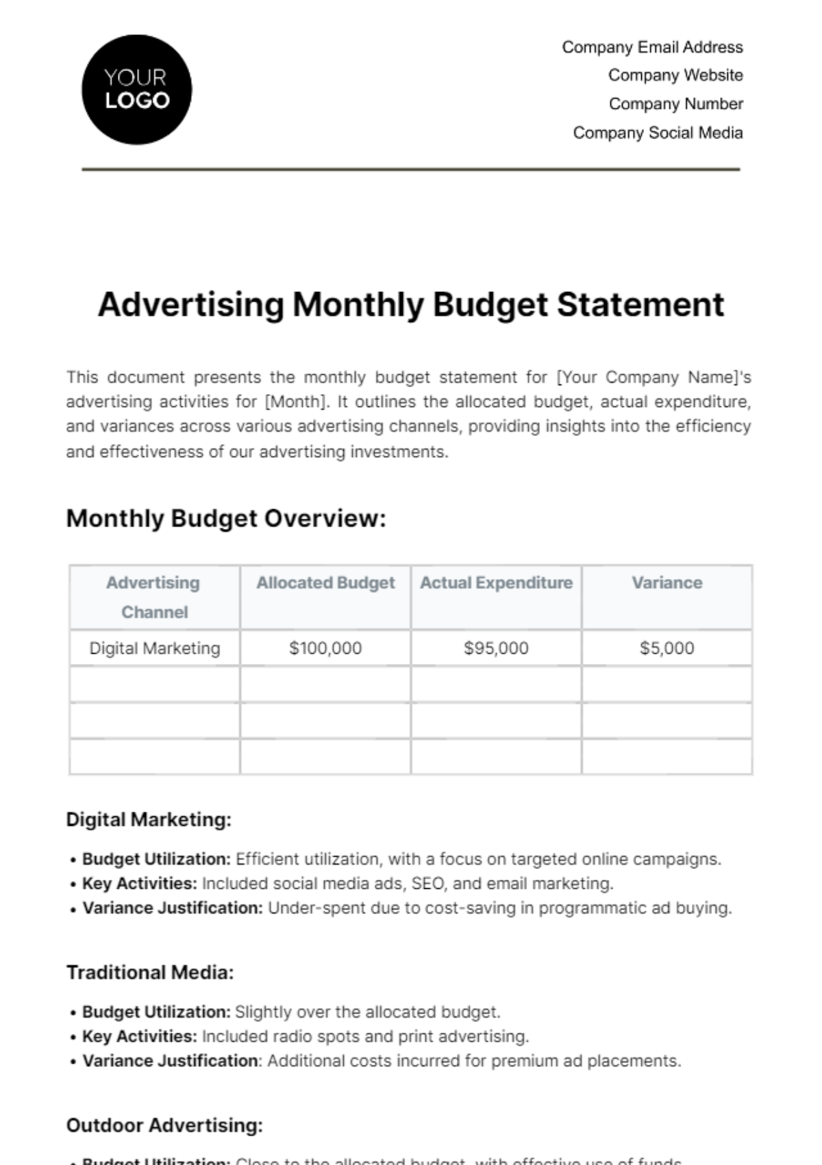 Free Advertising Monthly Budget Statement Template Edit Online