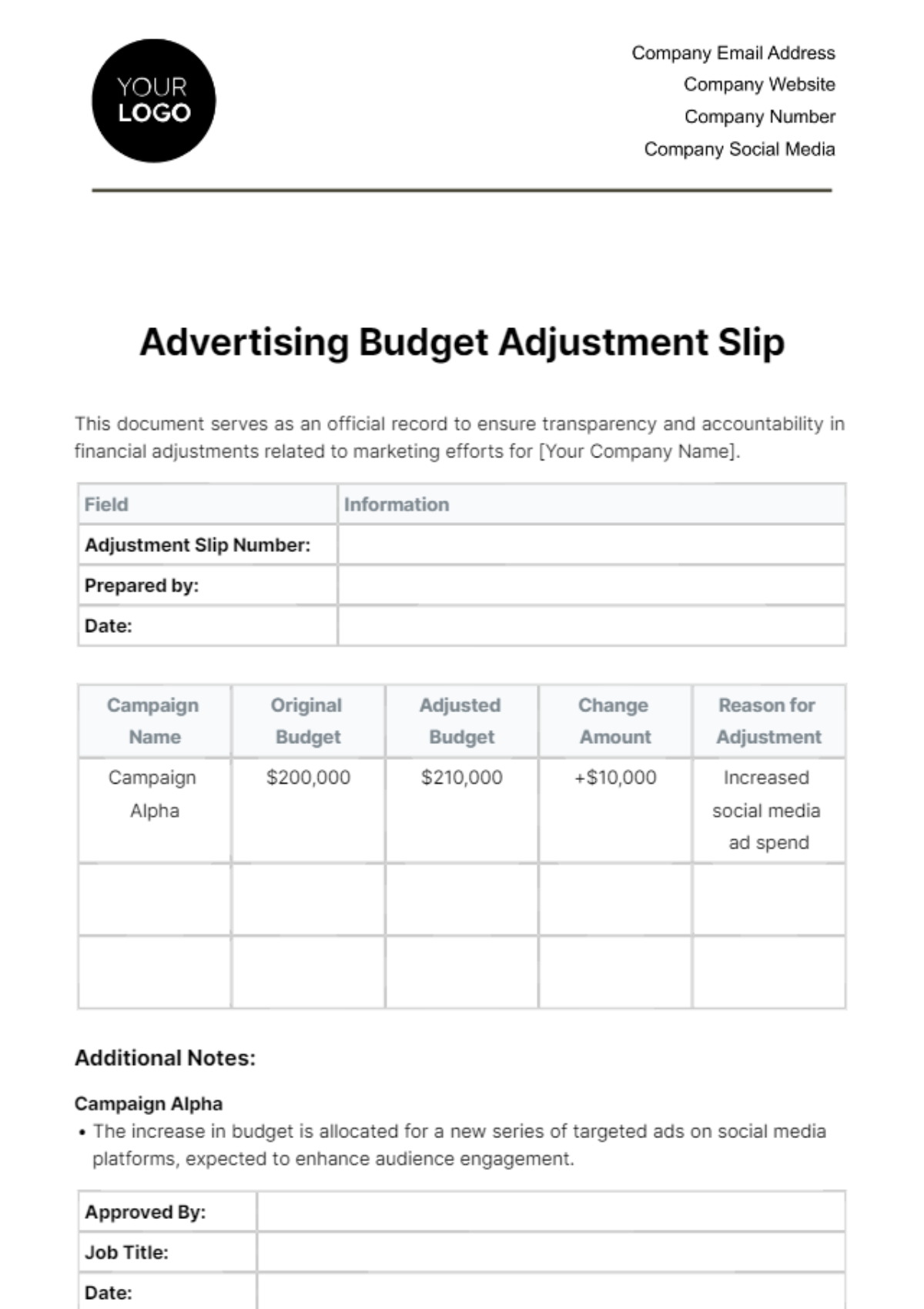 Advertising Budget Adjustment Slip Template