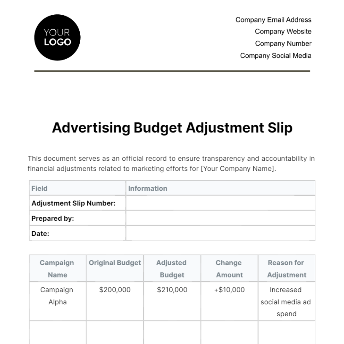 Advertising Budget Adjustment Slip Template - Edit Online & Download ...