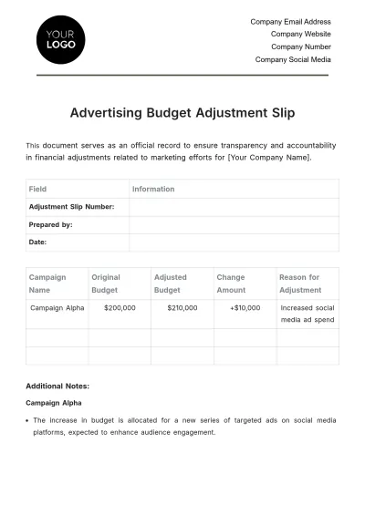Free Advertising Budget Adjustment Slip Template to Edit Online