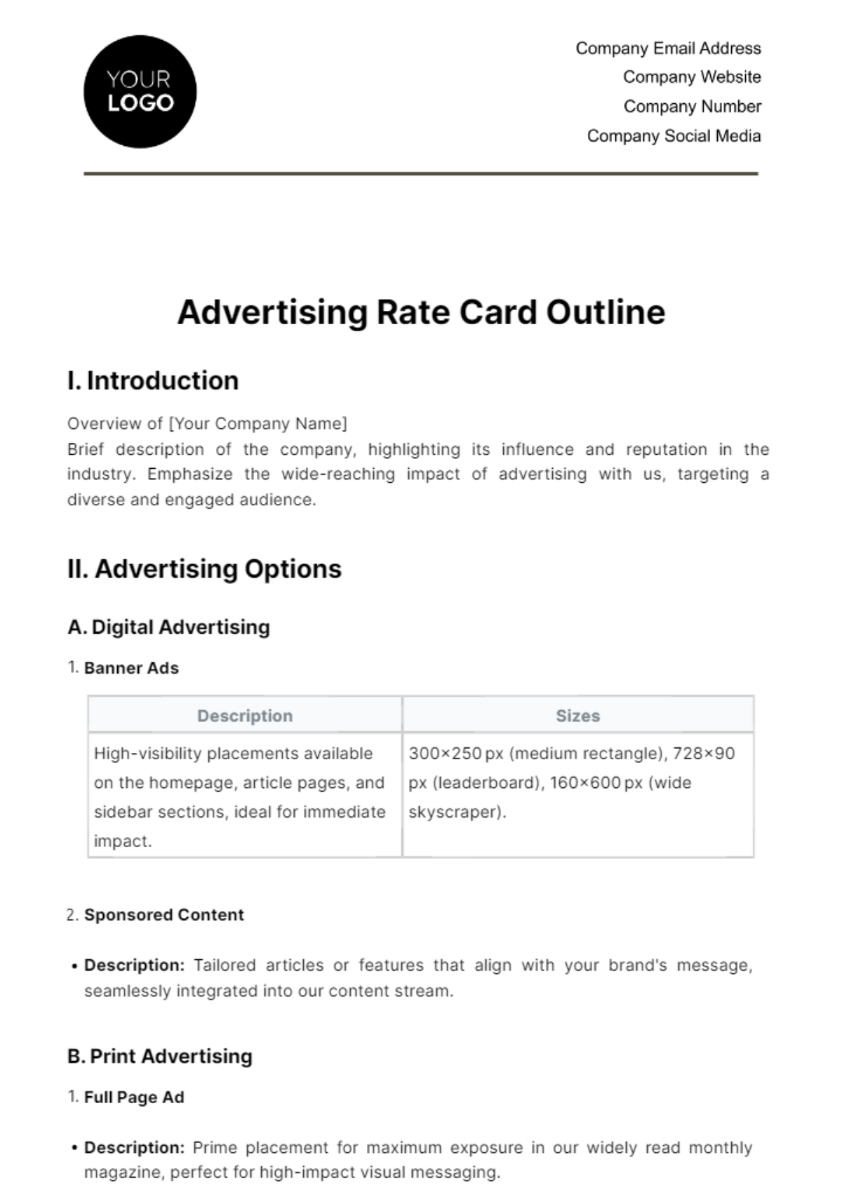 Advertising Rate Card Outline Template