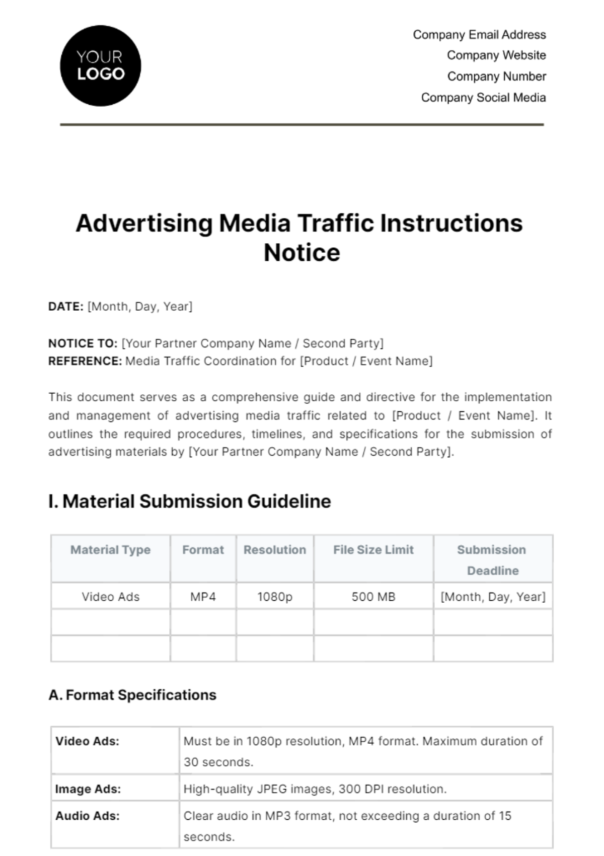 Free Advertising Media Traffic Instructions Notice Template