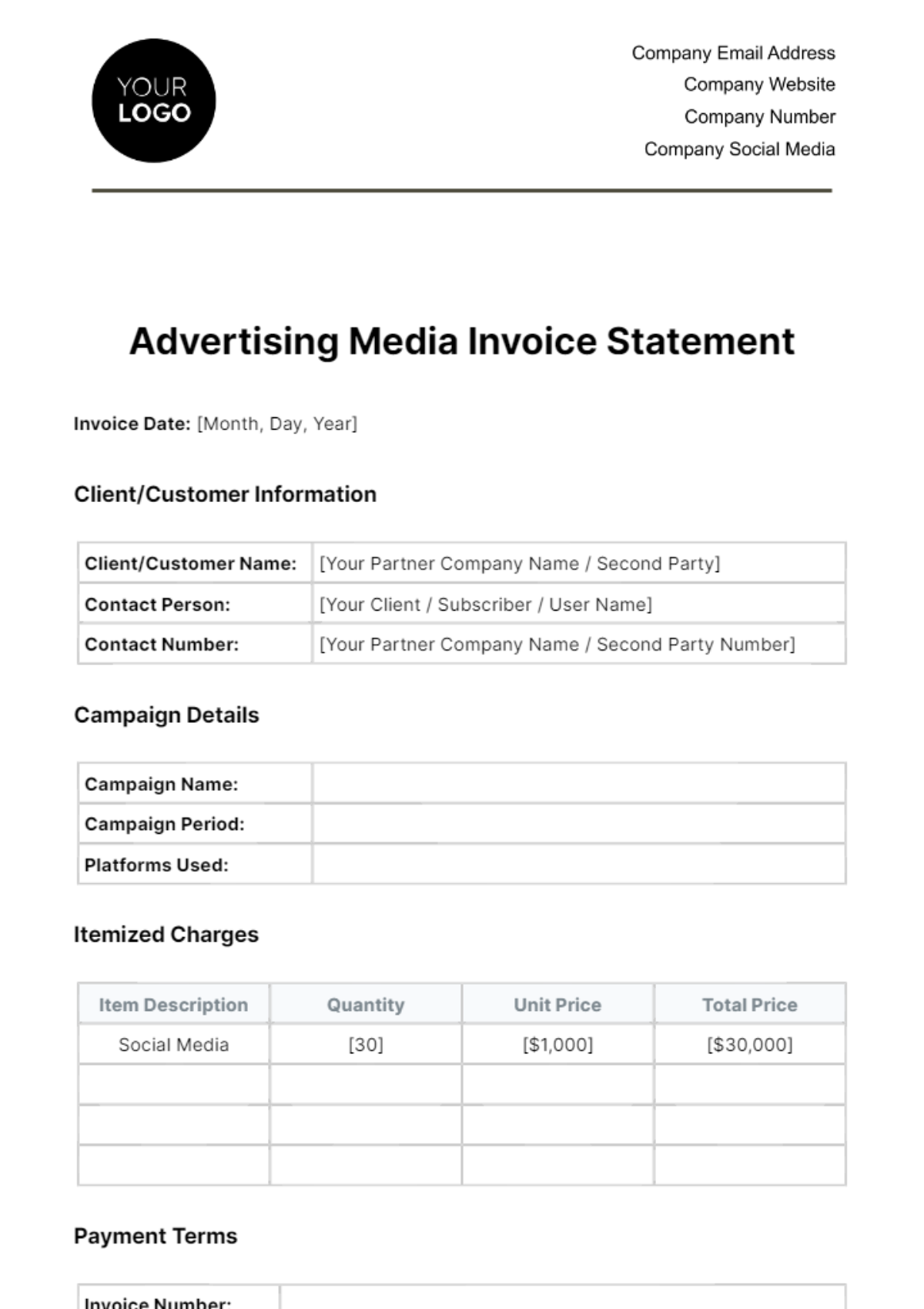 Advertising Media Invoice Statement Template