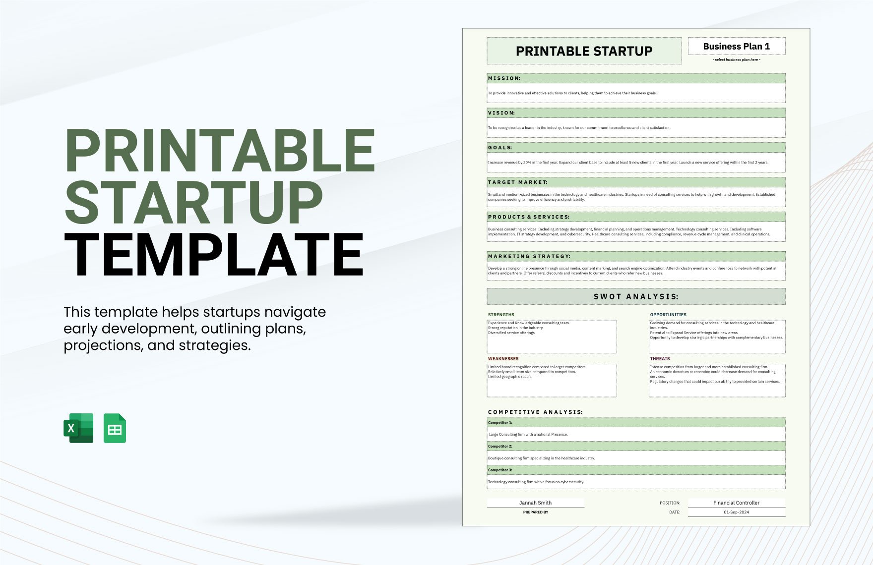 Printable Startup Template in Excel, Google Sheets