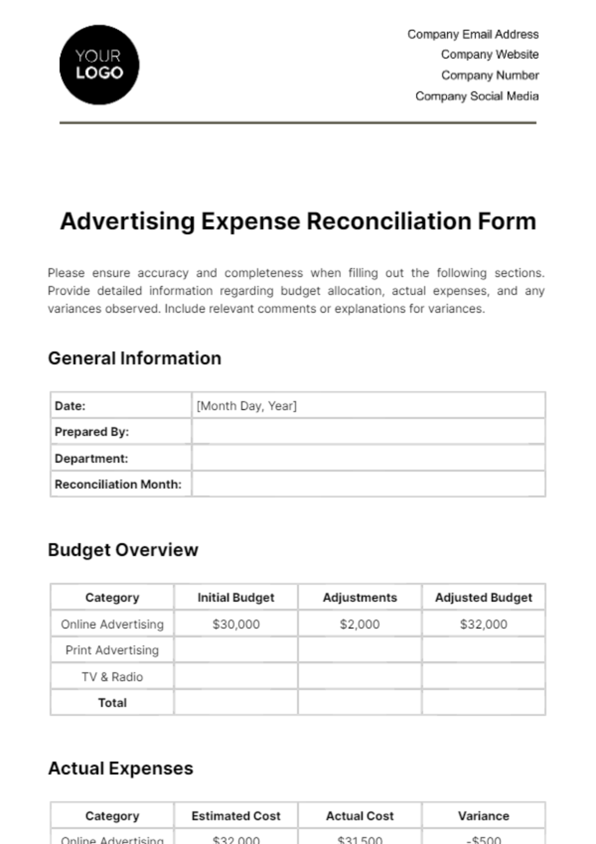 Advertising Expense Reconciliation Form Template