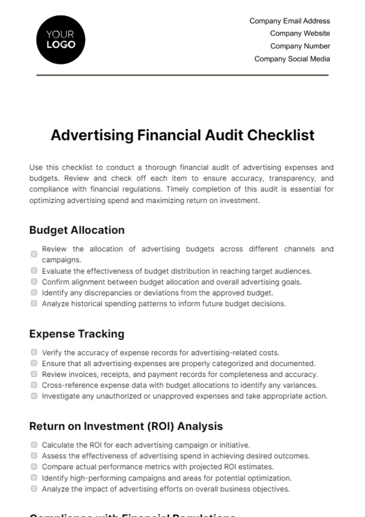 Advertising Financial Audit Checklist Template