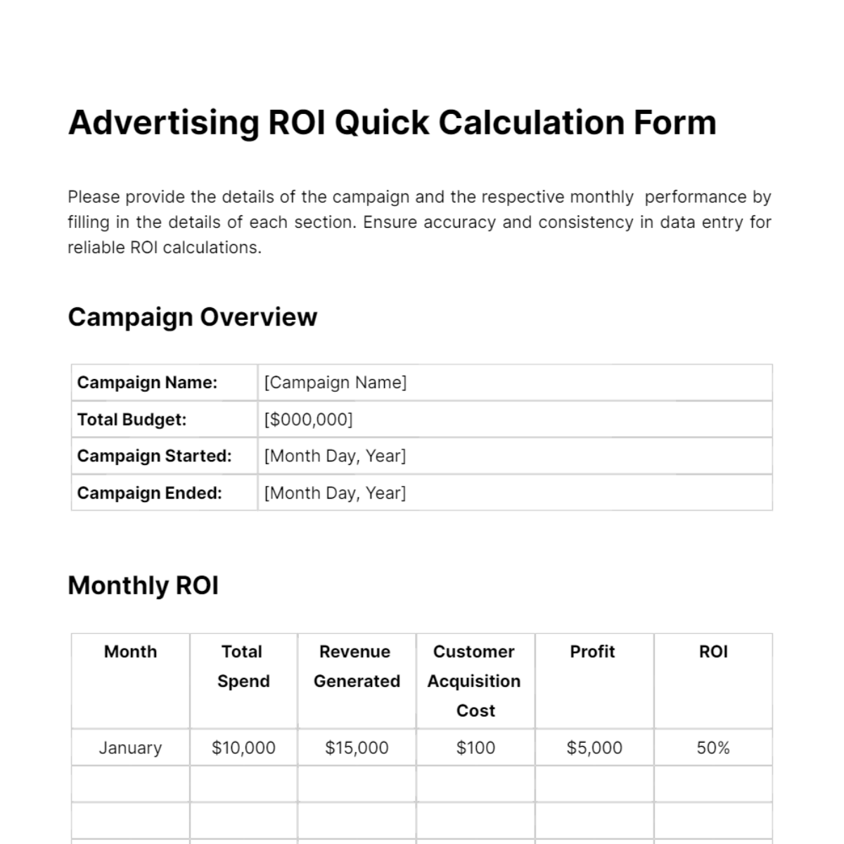 Advertising ROI Quick Calculation Form Template Edit Online Advertising ROI Quick Calculation Form Template Edit Online
