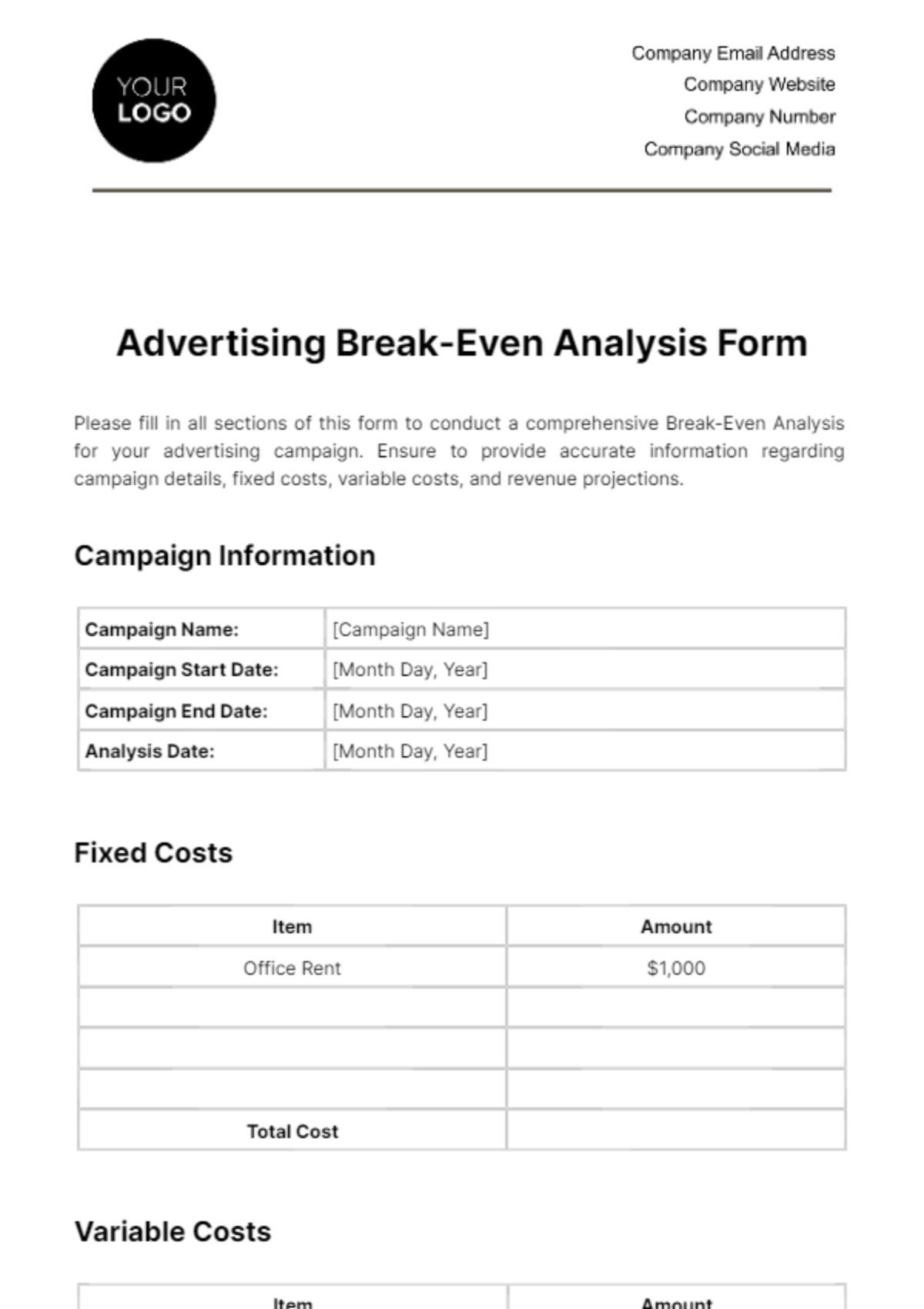Advertising Break-Even Analysis Form Template