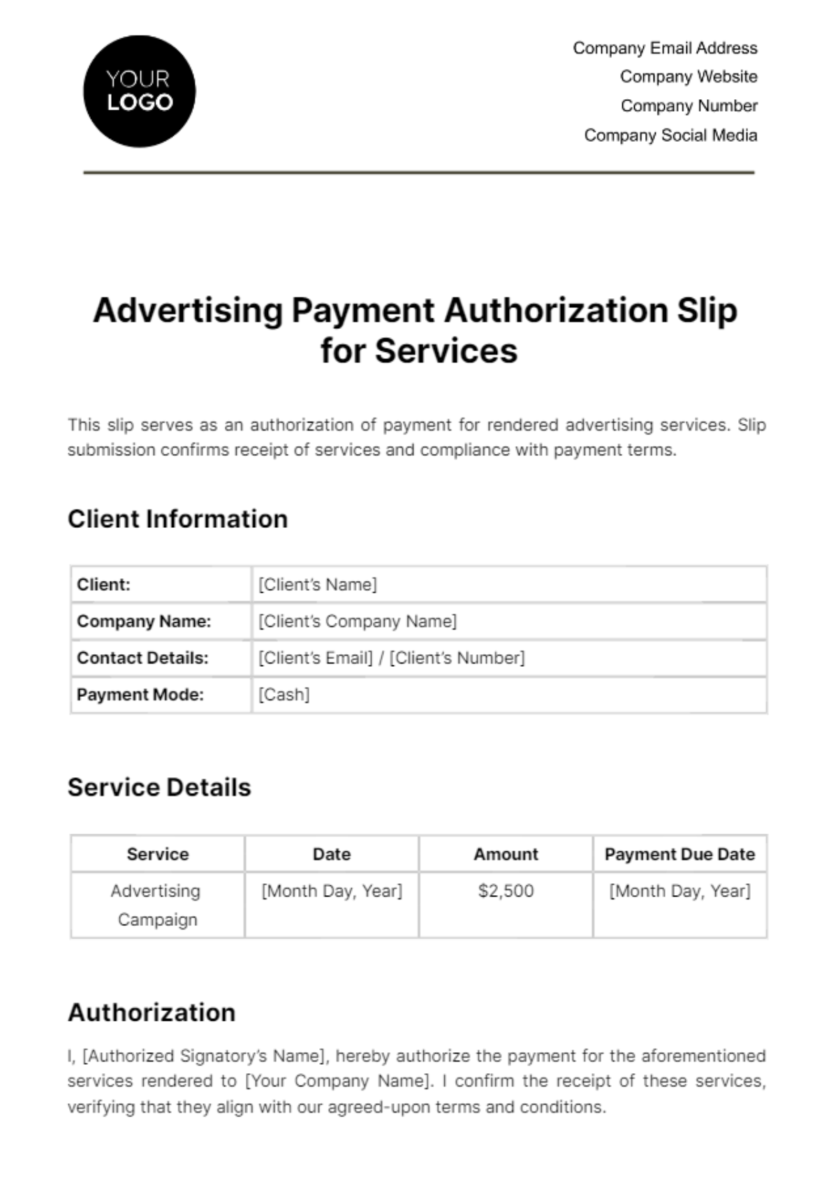Advertising Payment Authorization Slip for Services Template