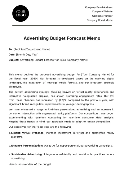 Free Advertising Budget Forecast Memo Template to Edit Online