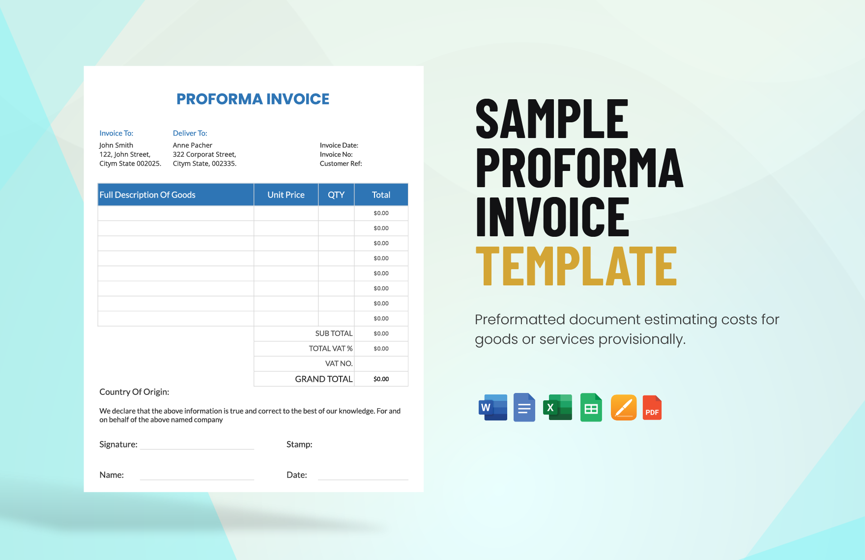 Sample Proforma Invoice Template in Word, Google Docs, Excel, PDF, Google Sheets, Apple Pages