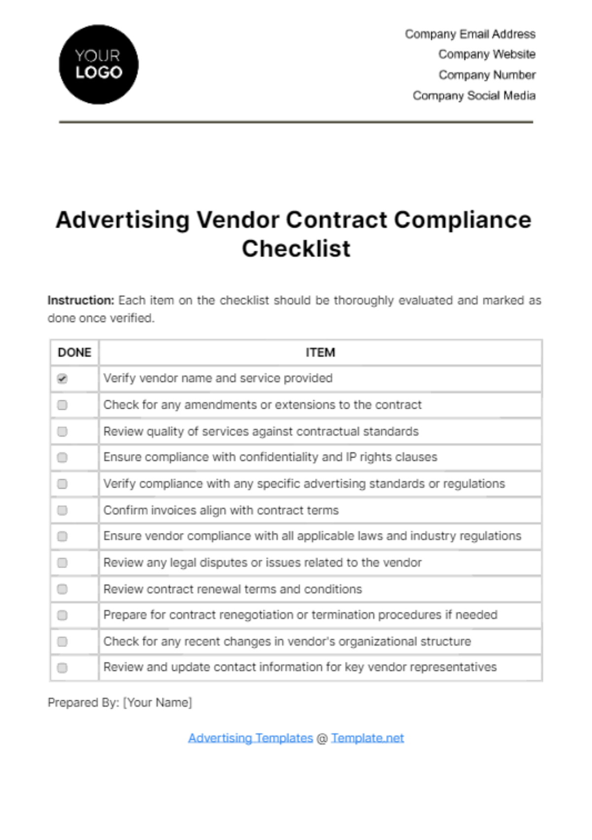 Free Advertising Vendor Contract Compliance Checklist Template