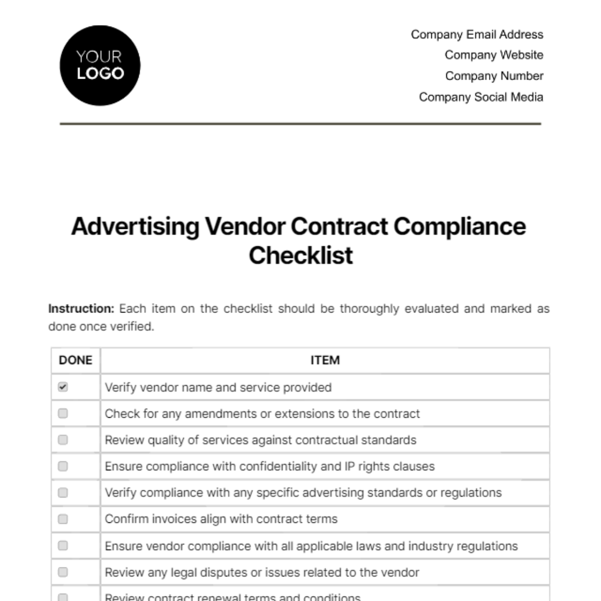 Advertising Vendor Contract Compliance Checklist Template - Edit Online ...