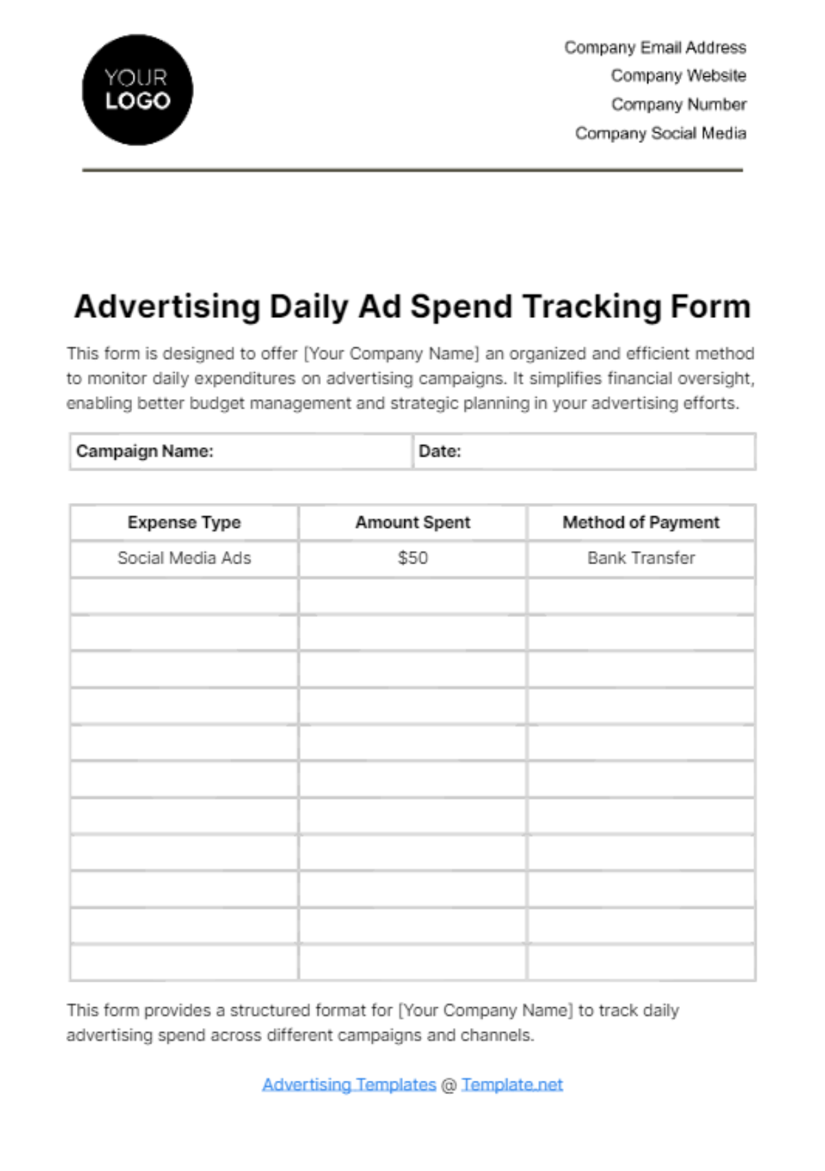 Free Advertising Daily Ad Spend Tracking Form Template