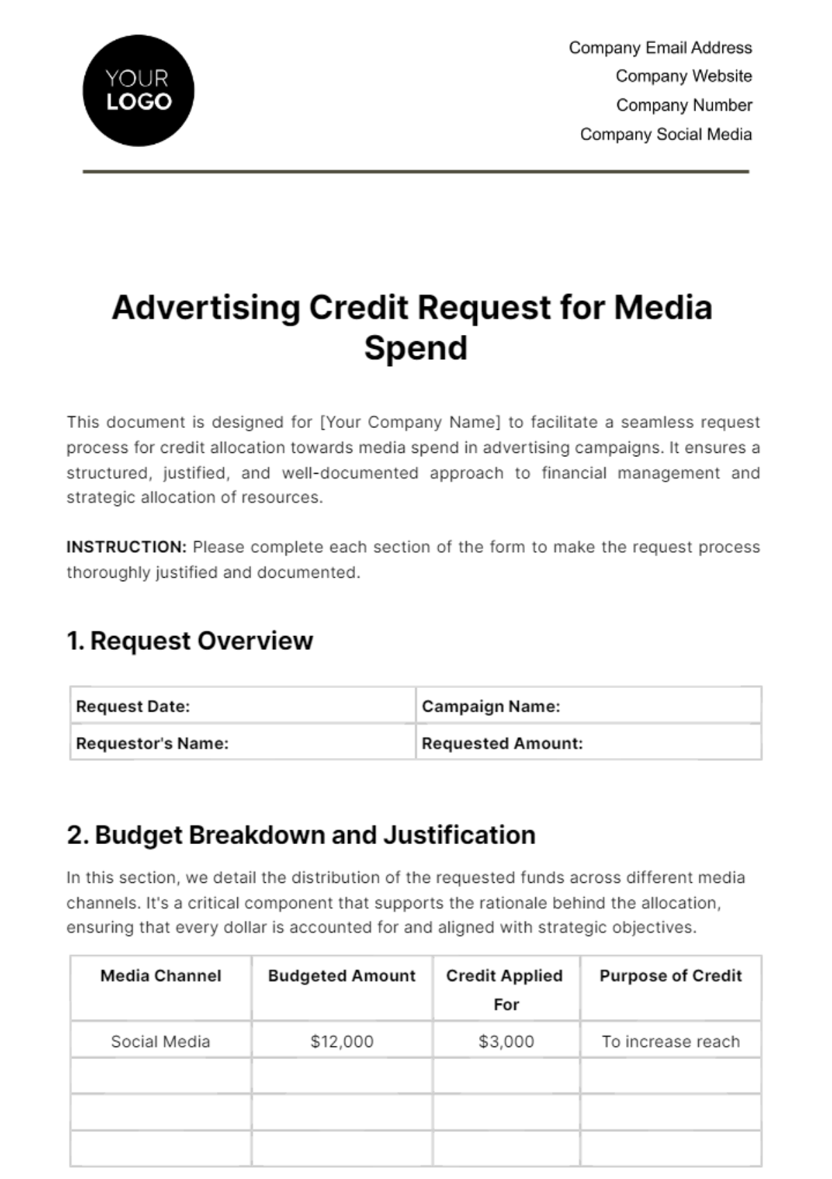 Free Advertising Credit Request for Media Spend Template