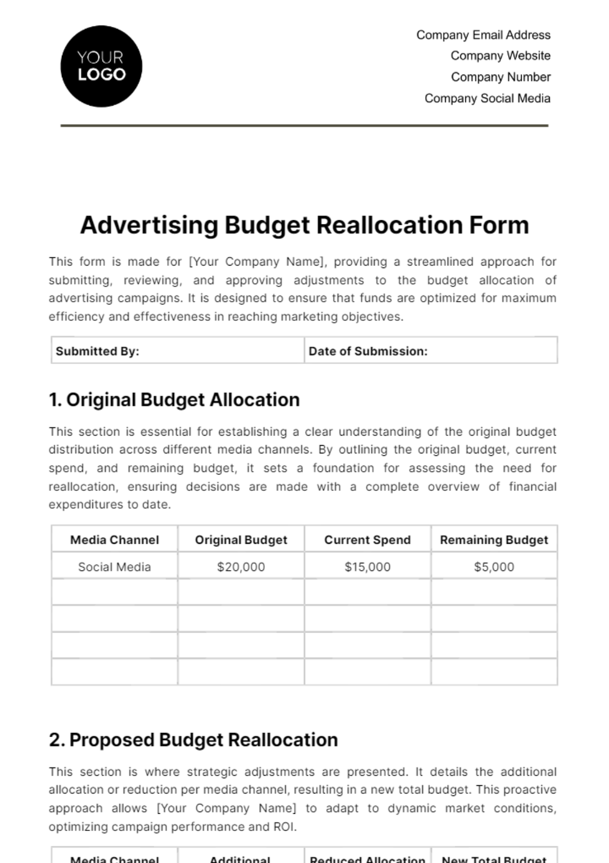 Free Advertising Budget Reallocation Form Template