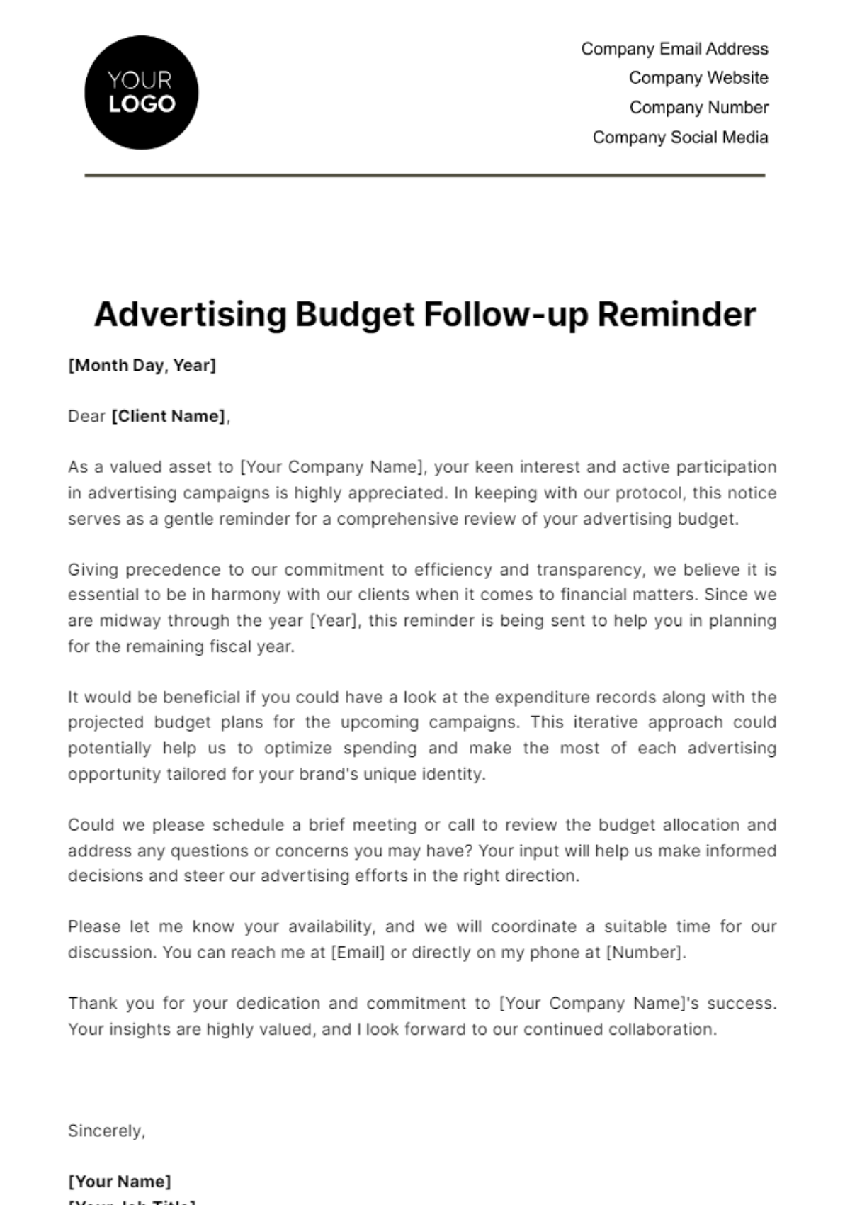 Free Advertising Budget Follow-up Reminder Template
