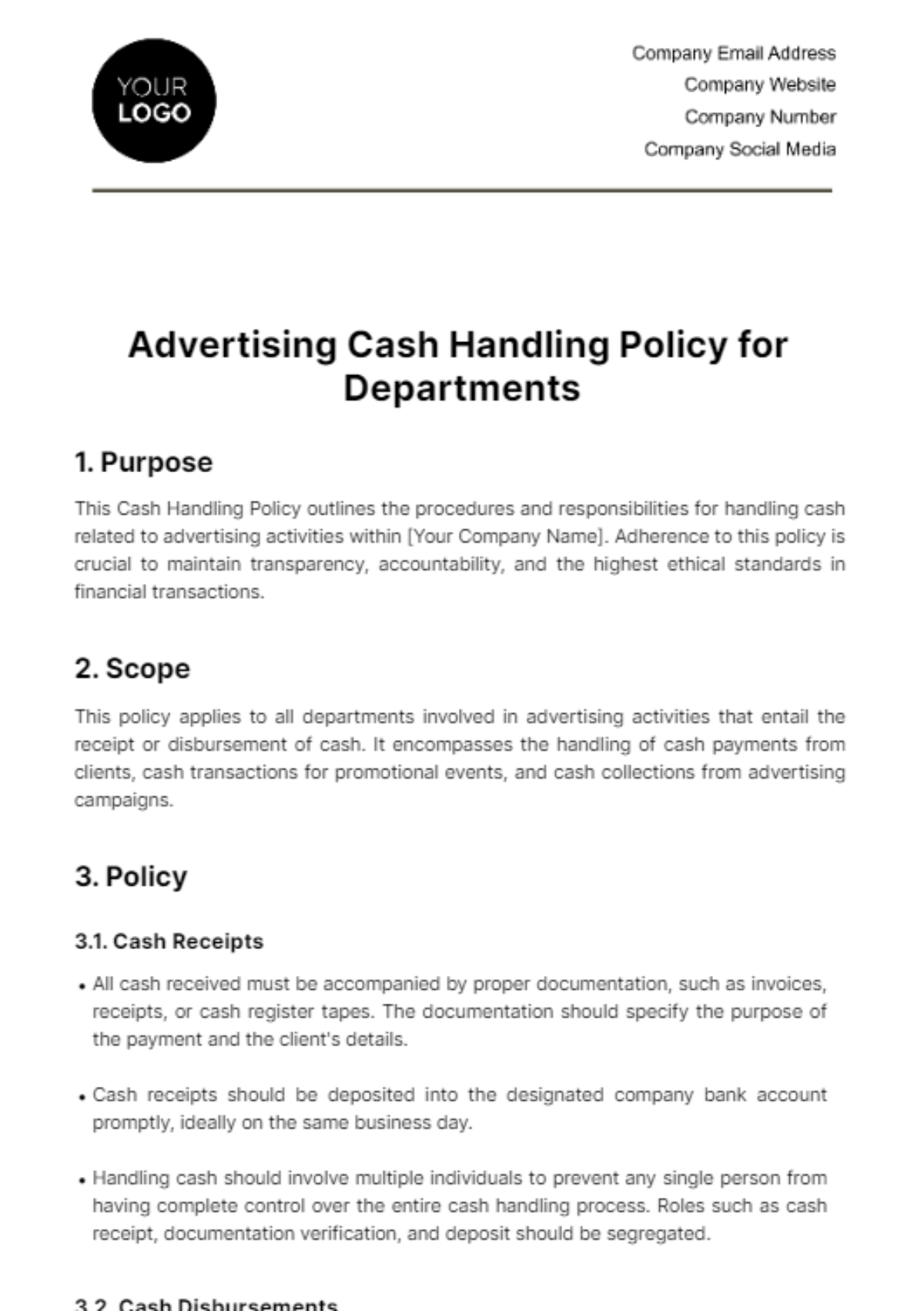Free Advertising Cash Handling Policy for Departments Template