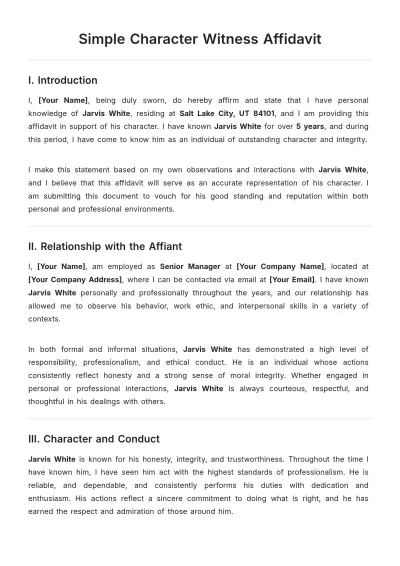 Free Simple Character Witness Affidavit Template to Edit Online