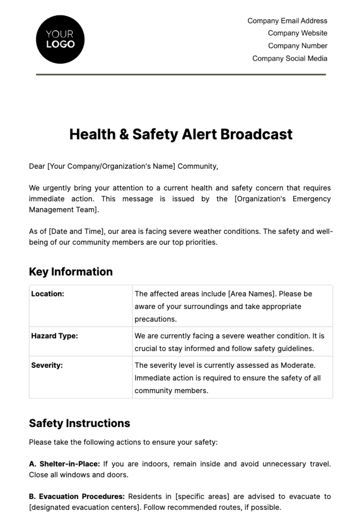 Free Health & Safety Alert Broadcast Template