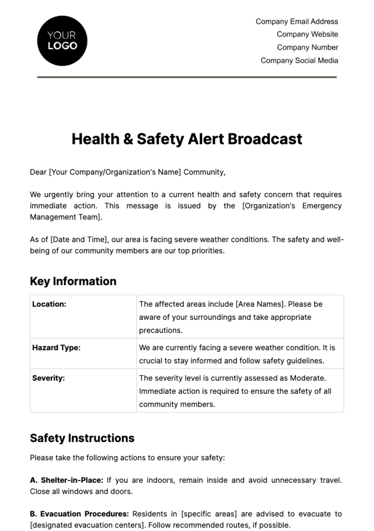 Health & Safety Alert Broadcast Template