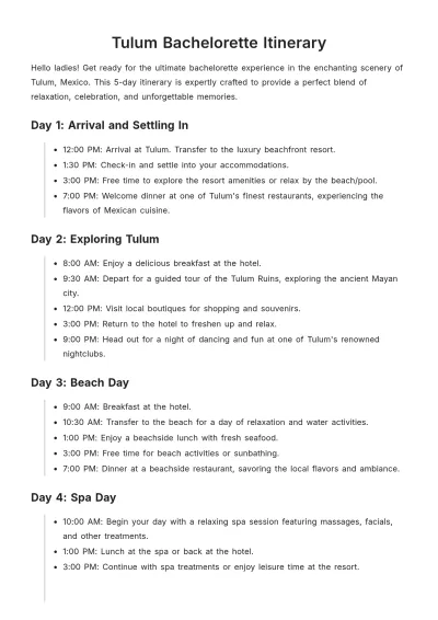 Free Tulum Bachelorette Itinerary Template to Edit Online