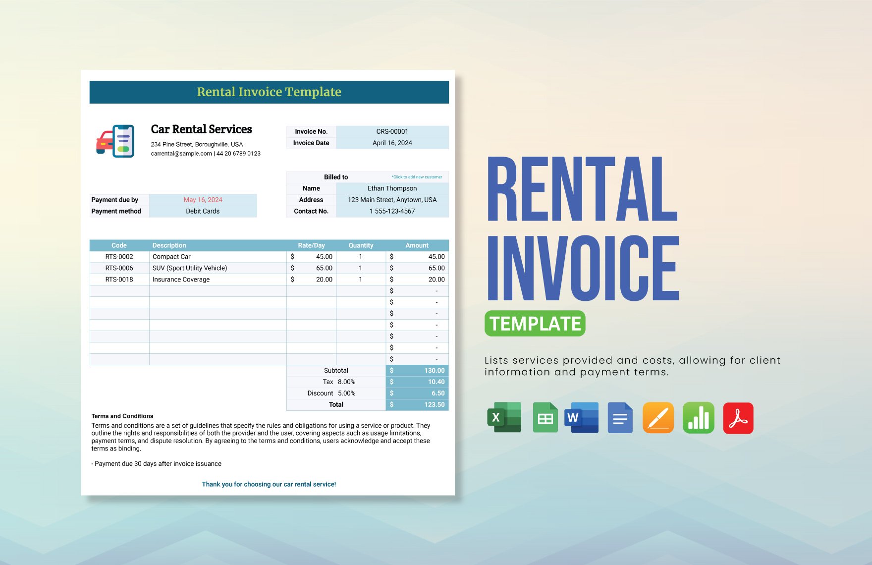 Rental Invoice Template in Word, Google Docs, Excel, PDF, Google Sheets, Apple Pages, Apple Numbers