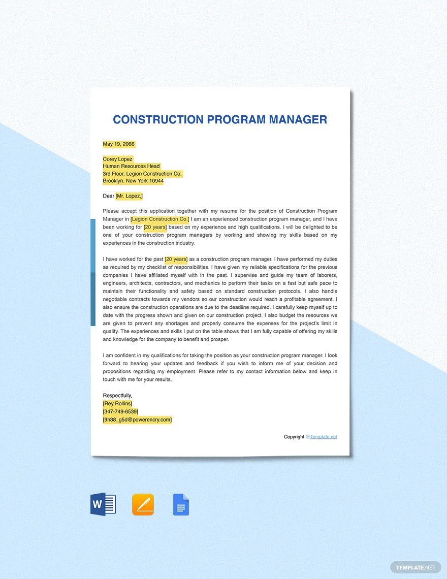 Construction Program Manager Cover Letter Template