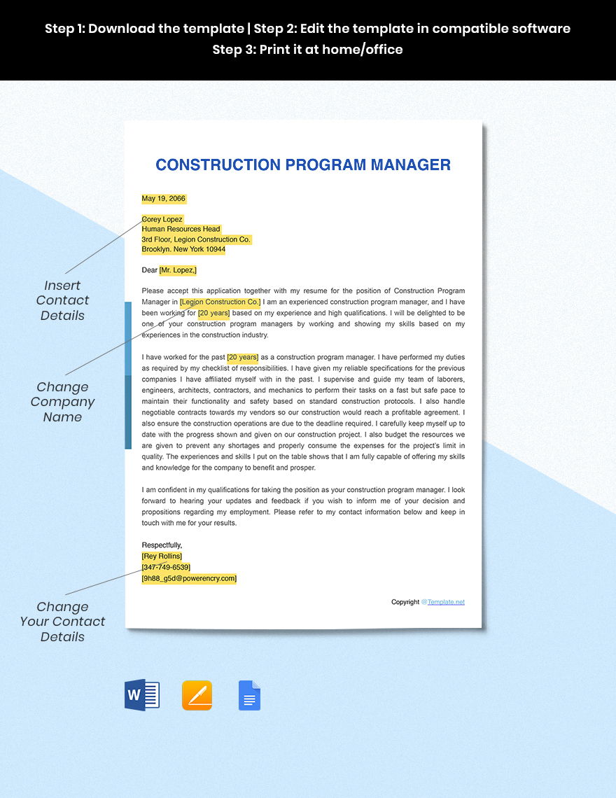 Construction Program Manager Cover Letter