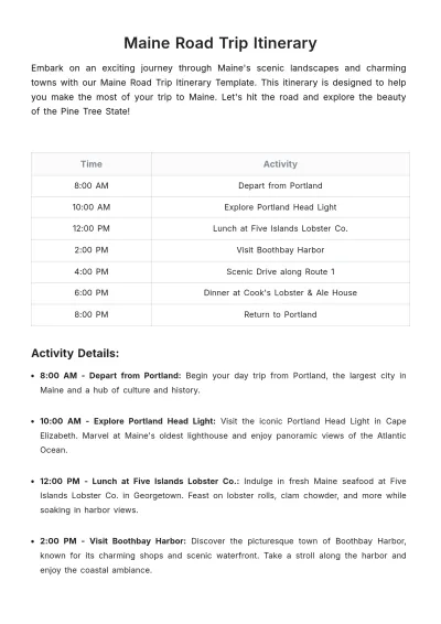Free Maine Road Trip Itinerary Template to Edit Online