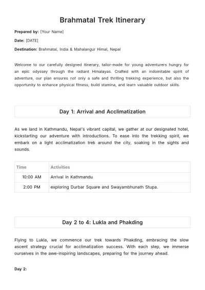 Free Brahmatal Trek Itinerary Template to Edit Online