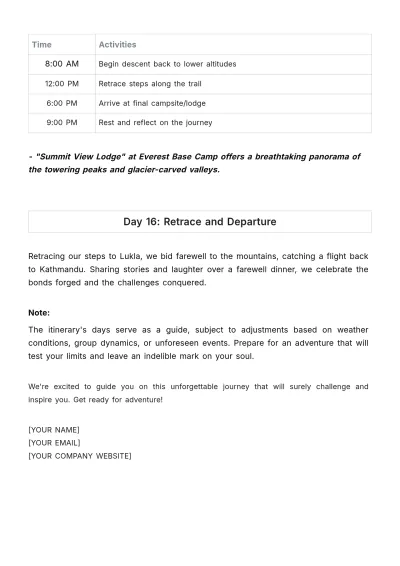 Free Brahmatal Trek Itinerary Template to Edit Online