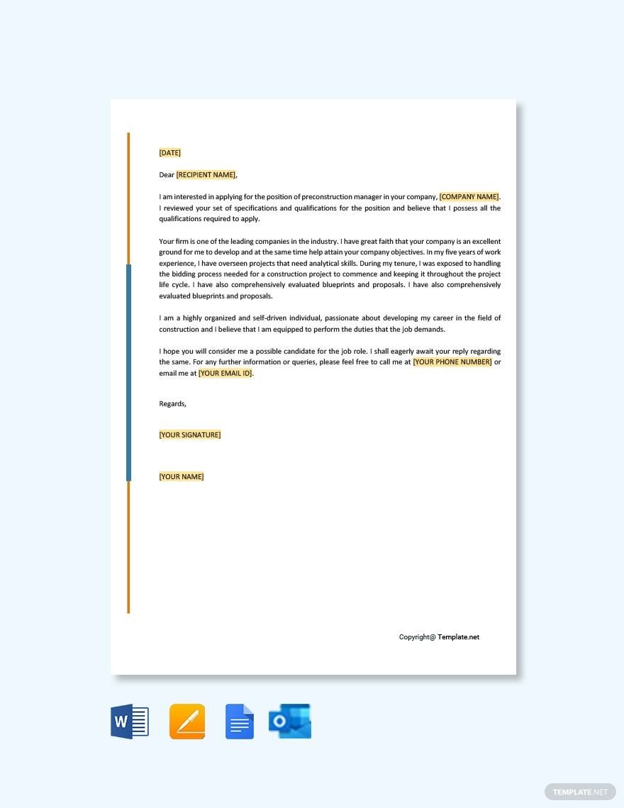 Pre Construction Manager Cover Letter Template