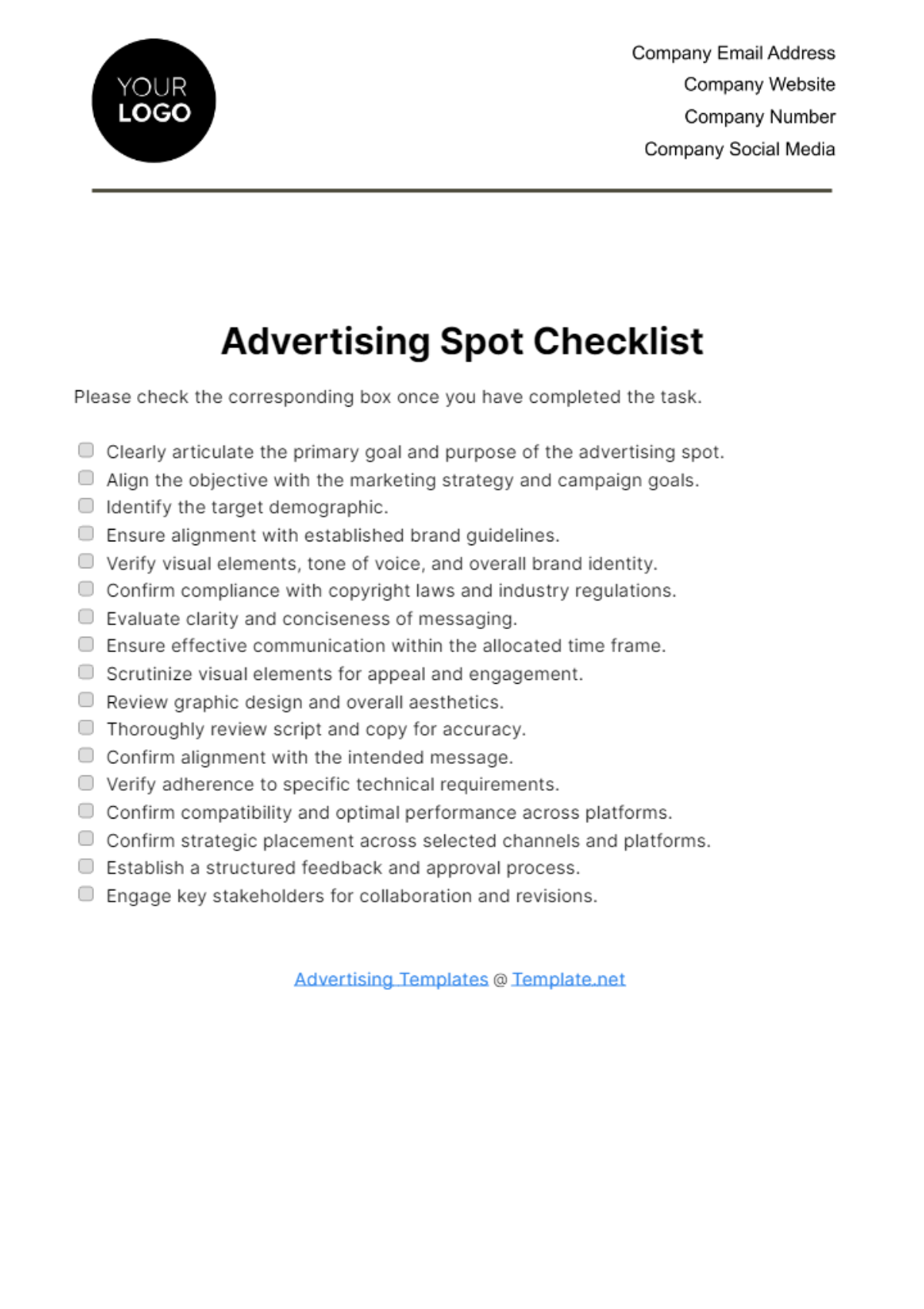 Advertising Spot Checklist Template