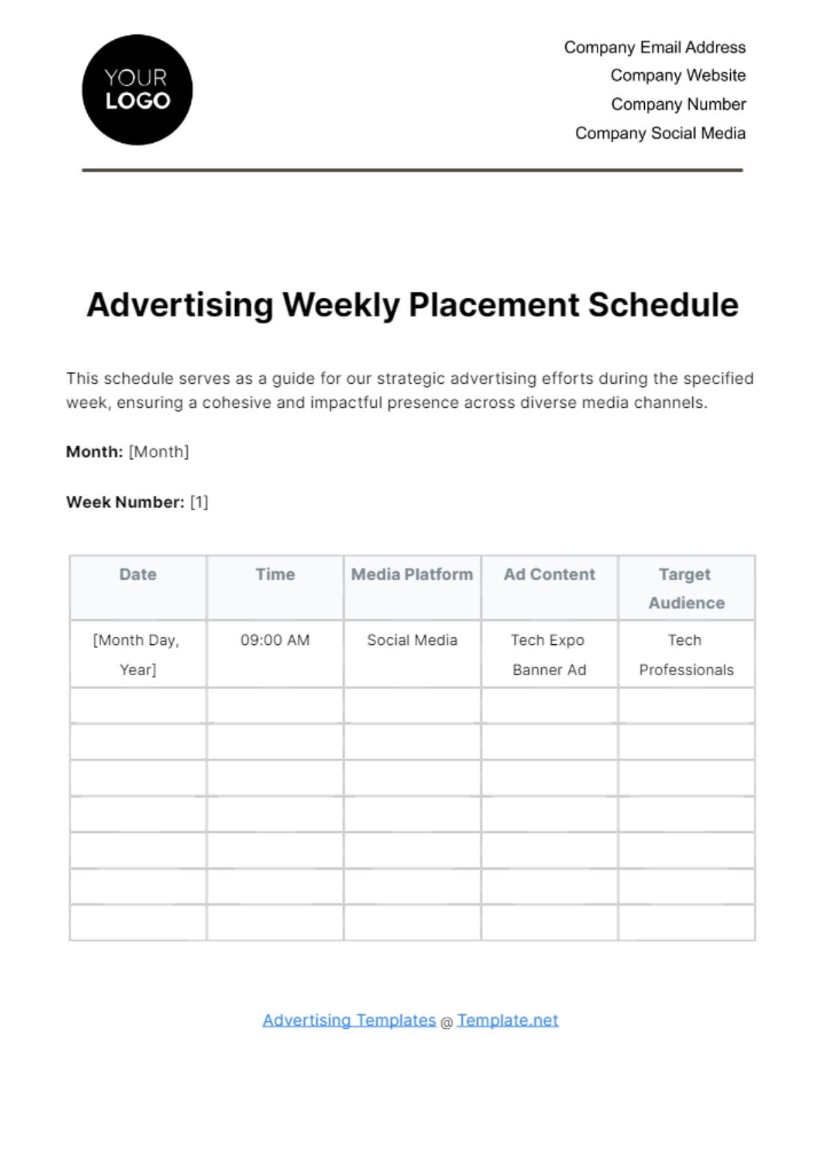 Advertising Weekly Placement Schedule Template