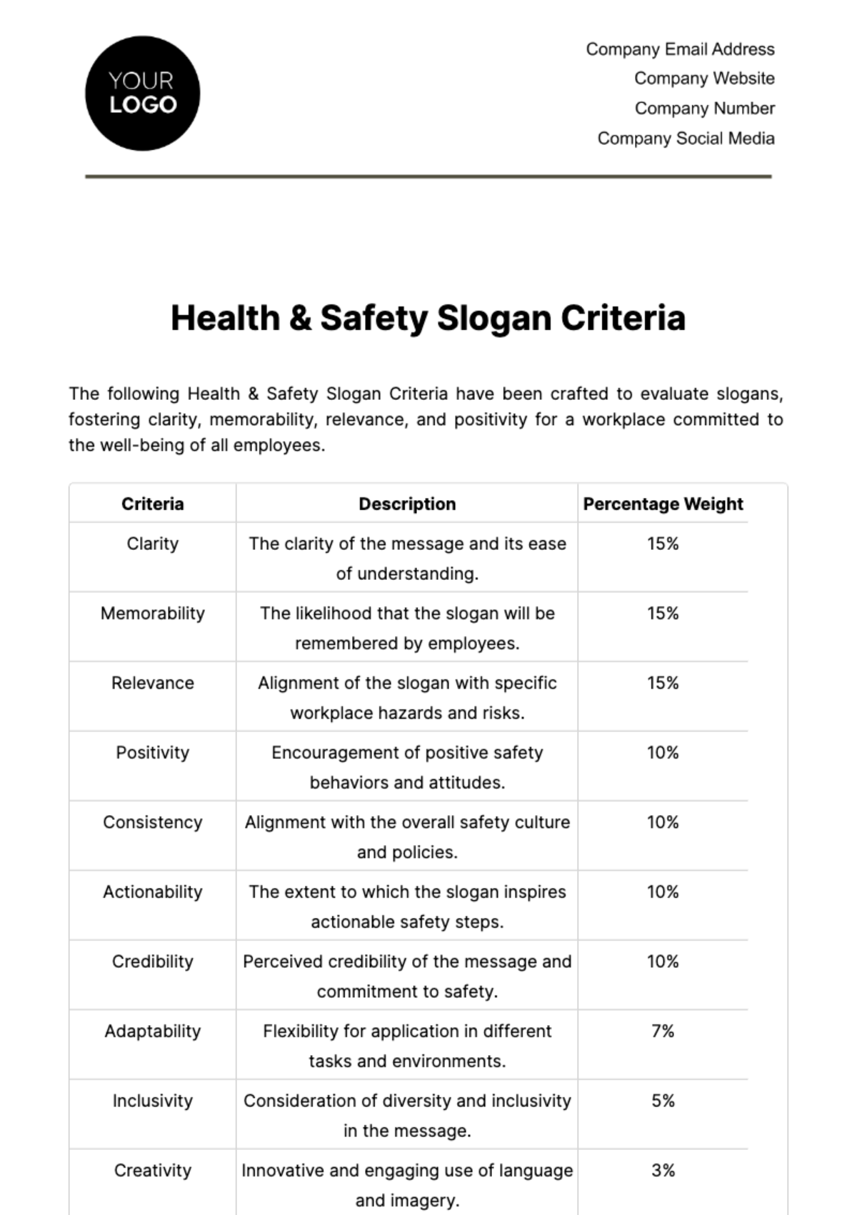 Health & Safety Slogan Criteria Template - Edit Online & Download