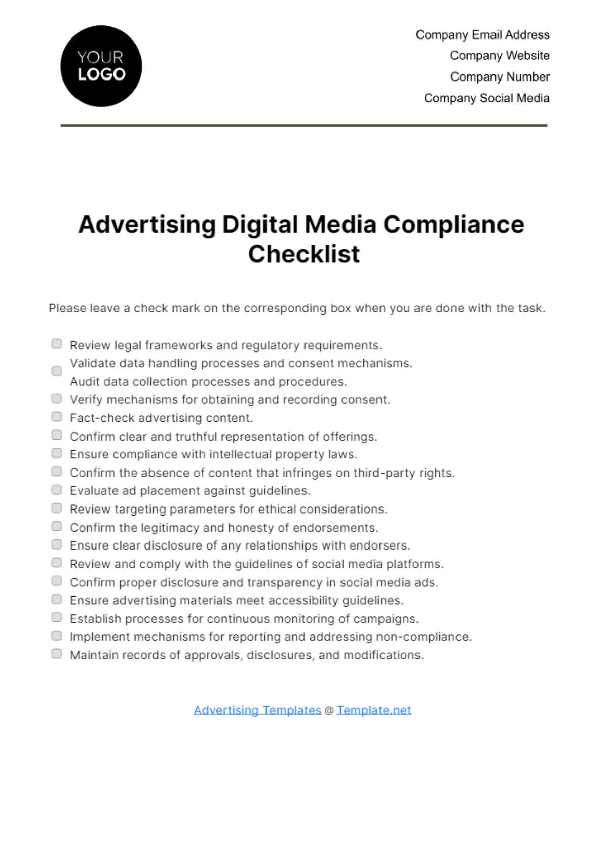 Advertising Digital Media Compliance Checklist Template